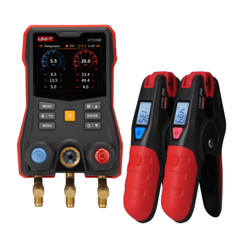 UNI-T UT336E Digital Manifold Gauge (Complete Kit) – HVAC, -1 to 60 bar, 162+ Refrigerants, Superheat/Subcooling, 3.5" Touchscreen, iENV App, IP54 - a black and red main unit with a touchscreen display and two matching wireless temperature clamp sensors.