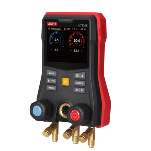 UNI-T UT336E Digital Manifold Gauge (Complete Kit) – HVAC, -1 to 60 bar, 162+ Refrigerants, Superheat/Subcooling, 3.5" Touchscreen, iENV App, IP54 - with a black and red housing, 3.5-inch screen showing 5.5 bar and 20.0 bar, control buttons, and brass hose connectors.