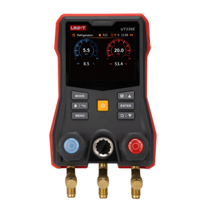 UNI-T UT336E Digital Manifold Gauge (Complete Kit) – HVAC, -1 to 60 bar, 162+ Refrigerants, Superheat/Subcooling, 3.5" Touchscreen, iENV App, IP54 - with a red and black body, 3.5-inch screen showing pressure and temperature data, control buttons, and three ports.