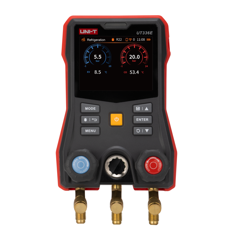 UNI-T UT336E Digital Manifold Gauge (Complete Kit) – HVAC, -1 to 60 bar, 162+ Refrigerants, Superheat/Subcooling, 3.5" Touchscreen, iENV App, IP54 - with a red and black body, 3.5-inch screen showing pressure and temperature data, control buttons, and three ports.