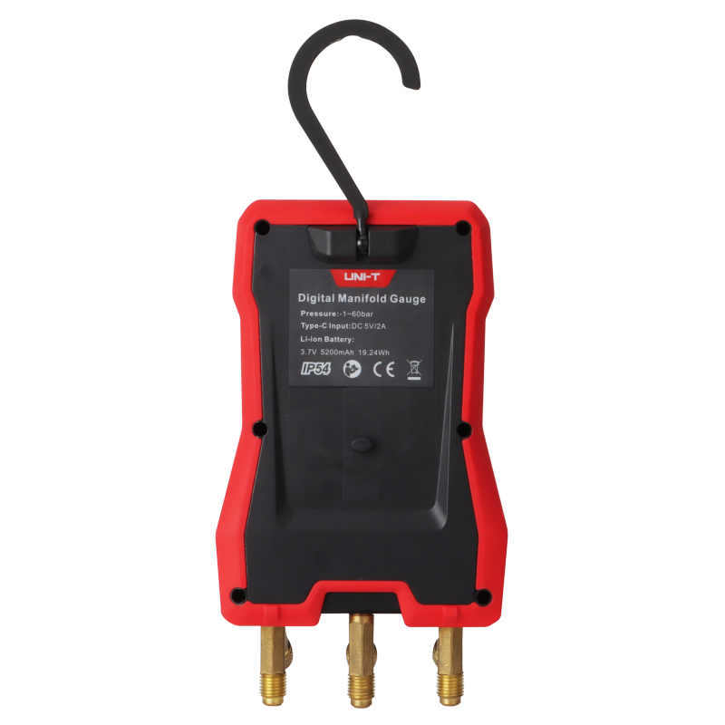 UNI-T UT336E Digital Manifold Gauge (Complete Kit) – HVAC, -1 to 60 bar, 162+ Refrigerants, Superheat/Subcooling, 3.5" Touchscreen, iENV App, IP54 - a red and black casing, a hanging hook, and three brass connectors at the bottom.