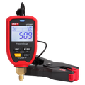 UNI-T UT336P KIT Wireless Digital Pressure Gauge with Temperature Clamp – -1 to 60 bar, HVAC Refrigerant Manifold, 94 Refrigerants, App Connected - red and black housing, showing a screen reading 5.09 bar and R22, connected to a black temperature clamp.