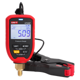 UNI-T UT336P KIT Wireless Digital Pressure Gauge with Temperature Clamp – -1 to 60 bar, HVAC Refrigerant Manifold, 94 Refrigerants, App Connected - red and black housing, showing a screen reading 5.09 bar and R22, connected to a black temperature clamp.