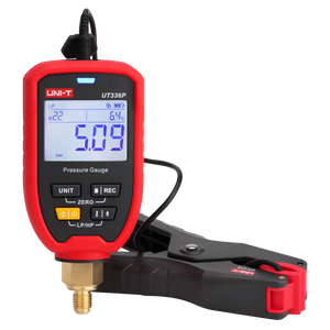 UNI-T UT336P KIT Wireless Digital Pressure Gauge with Temperature Clamp – -1 to 60 bar, HVAC Refrigerant Manifold, 94 Refrigerants, App Connected - red and black housing, showing a screen reading 5.09 bar and R22, connected to a black temperature clamp.