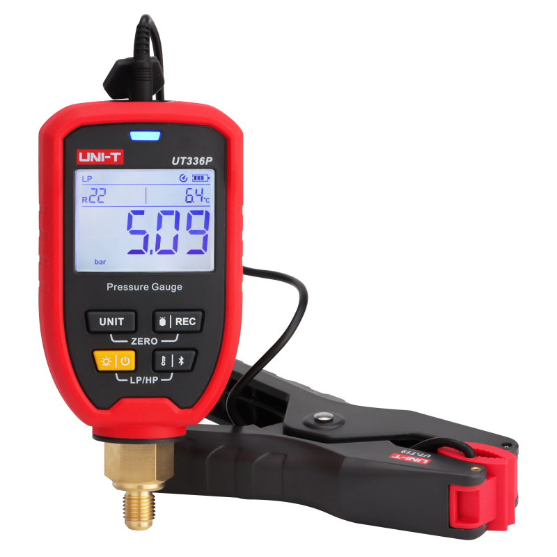 UNI-T UT336P KIT Wireless Digital Pressure Gauge with Temperature Clamp – -1 to 60 bar, HVAC Refrigerant Manifold, 94 Refrigerants, App Connected - red and black housing, showing a screen reading 5.09 bar and R22, connected to a black temperature clamp.