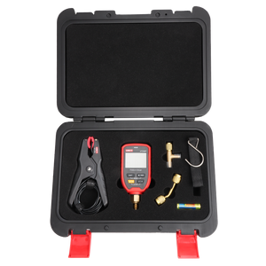 UNI-T UT336P KIT Wireless Digital Pressure Gauge with Temperature Clamp – -1 to 60 bar, HVAC Refrigerant Manifold, 94 Refrigerants, App Connected - a red digital pressure gauge with a blank screen, a black temperature clamp, brass fittings, and a battery inside a black carry case.