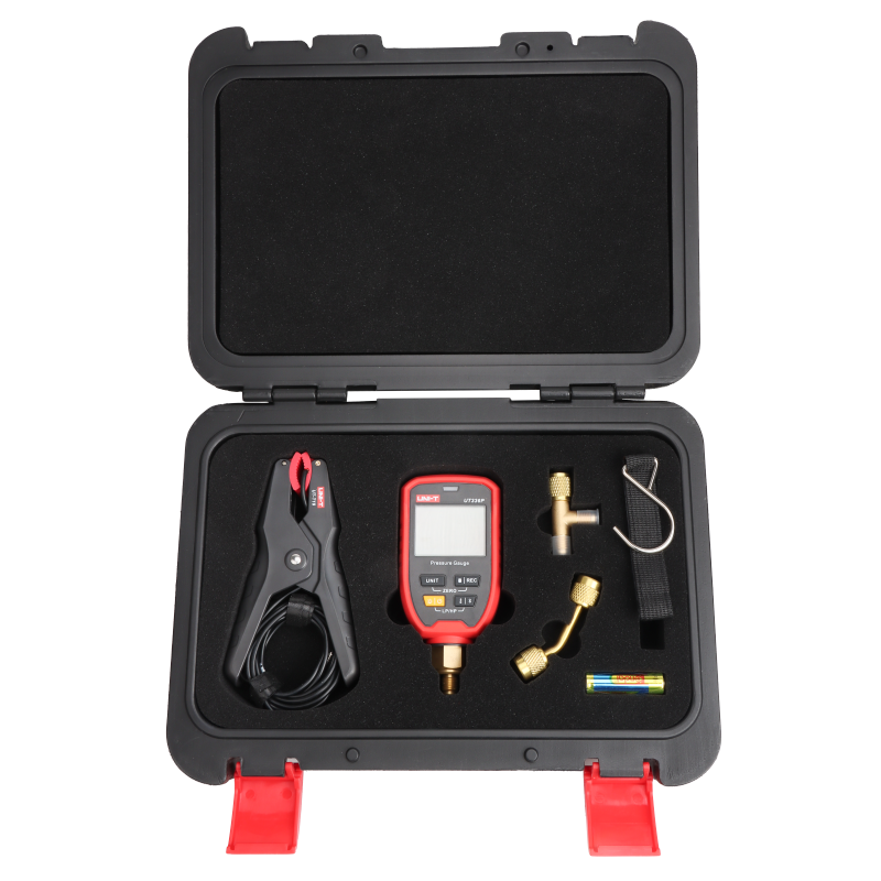 UNI-T UT336P KIT Wireless Digital Pressure Gauge with Temperature Clamp – -1 to 60 bar, HVAC Refrigerant Manifold, 94 Refrigerants, App Connected - a red digital pressure gauge with a blank screen, a black temperature clamp, brass fittings, and a battery inside a black carry case.