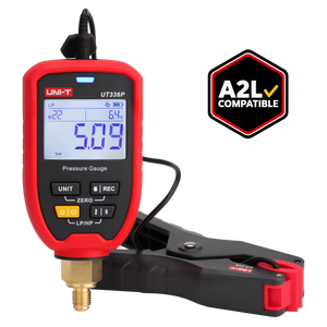UNI-T UT336P KIT Wireless Digital Pressure Gauge with Temperature Clamp – -1 to 60 bar, HVAC Refrigerant Manifold, 94 Refrigerants, App Connected - red and black casing, a digital screen showing 5.09 bar, buttons, and a connected black temperature clamp.