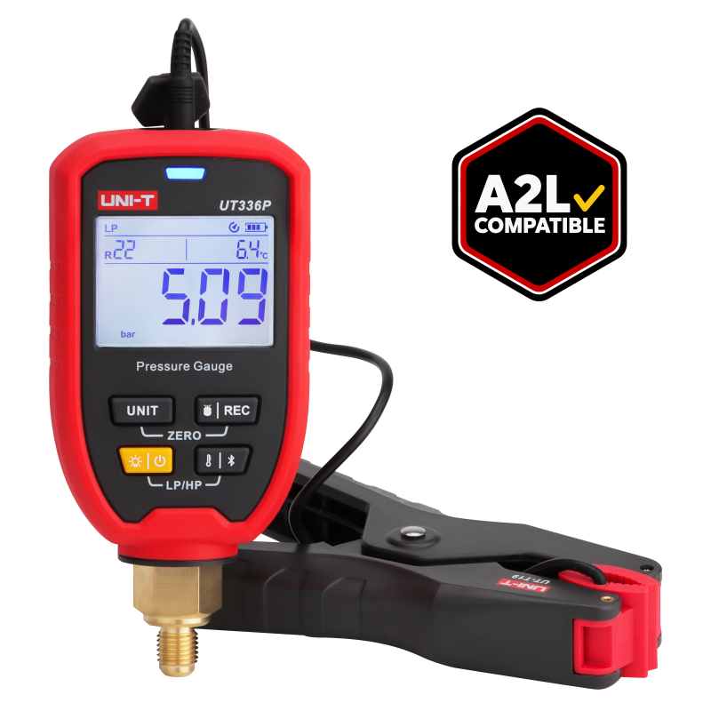 UNI-T UT336P KIT Wireless Digital Pressure Gauge with Temperature Clamp – -1 to 60 bar, HVAC Refrigerant Manifold, 94 Refrigerants, App Connected - red and black casing, a digital screen showing 5.09 bar, buttons, and a connected black temperature clamp.