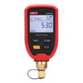 UNI-T UT336V Wireless Digital Vacuum Gauge – HVAC, 1–19,000 Microns, 11 Units, Bluetooth iENV App, 1/4" SAE, IP54, Water Saturation Temp - in red and black, showing a digital screen reading 530 micron, 27.4°C, and -24.2°C, with four buttons and a brass connector.