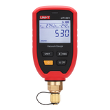 UNI-T UT336V Wireless Digital Vacuum Gauge – HVAC, 1–19,000 Microns, 11 Units, Bluetooth iENV App, 1/4" SAE, IP54, Water Saturation Temp - in red and black, showing a digital screen reading 530 micron, 27.4°C, and -24.2°C, with four buttons and a brass connector.