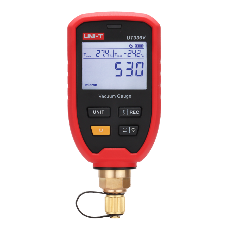 UNI-T UT336V Wireless Digital Vacuum Gauge – HVAC, 1–19,000 Microns, 11 Units, Bluetooth iENV App, 1/4" SAE, IP54, Water Saturation Temp - in red and black, showing a digital screen reading 530 micron, 27.4°C, and -24.2°C, with four buttons and a brass connector.