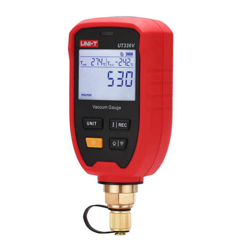 UNI-T UT336V Wireless Digital Vacuum Gauge – HVAC, 1–19,000 Microns, 11 Units, Bluetooth iENV App, 1/4" SAE, IP54, Water Saturation Temp - a digital screen reading 530 microns with a brass connector at the base and four control buttons.