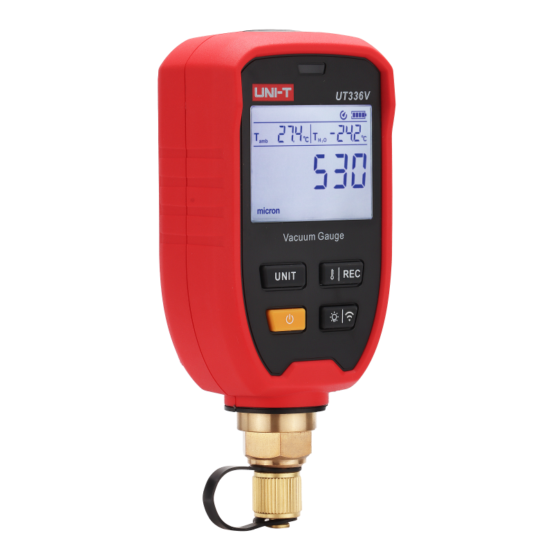 UNI-T UT336V Wireless Digital Vacuum Gauge – HVAC, 1–19,000 Microns, 11 Units, Bluetooth iENV App, 1/4" SAE, IP54, Water Saturation Temp - in a red casing with a brass connector, showing a digital display reading 530 microns, 27.4°C, and -24.2°C with four buttons.