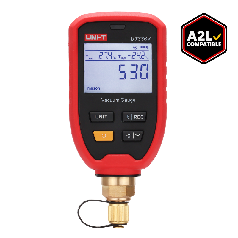 UNI-T UT336V Wireless Digital Vacuum Gauge – HVAC, 1–19,000 Microns, 11 Units, Bluetooth iENV App, 1/4" SAE, IP54, Water Saturation Temp - in red and black, showing a digital display reading 530 microns, with four buttons, a brass connector, and an A2L badge.