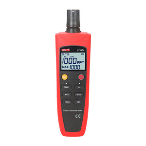 UNI-T UT337A Carbon Monoxide (CO) Meter Gas Detector – 0–1000 PPM, Electrochemical Sensor, Audio-Visual Alarm, Data Hold, Backlit LCD - a red handheld device with a black sensor top, control buttons, and a digital display showing 1000 ppm and MAX 1000.