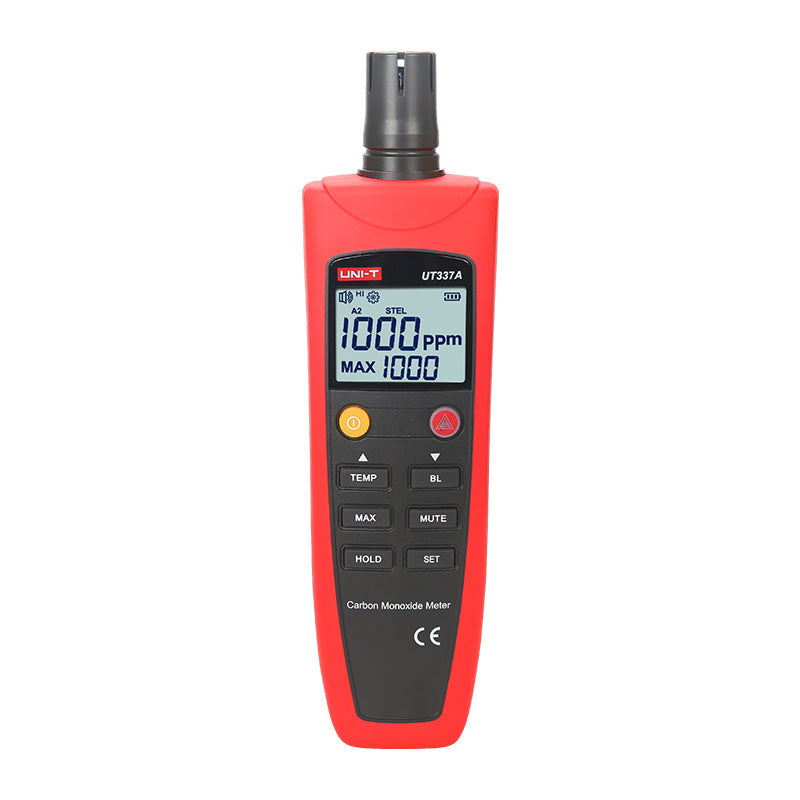UNI-T UT337A Carbon Monoxide (CO) Meter Gas Detector – 0–1000 PPM, Electrochemical Sensor, Audio-Visual Alarm, Data Hold, Backlit LCD - a red handheld device with a black sensor top, control buttons, and a digital display showing 1000 ppm and MAX 1000.