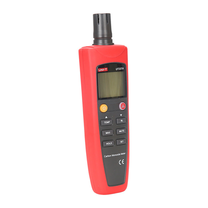 UNI-T UT337A Carbon Monoxide (CO) Meter Gas Detector – 0–1000 PPM, Electrochemical Sensor, Audio-Visual Alarm, Data Hold, Backlit LCD - a red handheld device with a black sensor top, a blank LCD screen, and buttons labeled TEMP, BL, MAX, MUTE, HOLD, and SET.