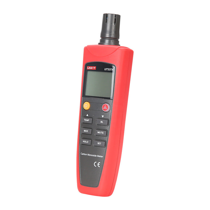 UNI-T UT337A Carbon Monoxide (CO) Meter Gas Detector – 0–1000 PPM, Electrochemical Sensor, Audio-Visual Alarm, Data Hold, Backlit LCD - a red handheld device with a black sensor top, a blank LCD screen, and buttons labeled TEMP, BL, MAX, MUTE, HOLD, SET.