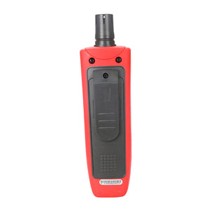 UNI-T UT337A Carbon Monoxide (CO) Meter Gas Detector – 0–1000 PPM, Electrochemical Sensor, Audio-Visual Alarm, Data Hold, Backlit LCD - the red and black rear side of the device with a belt clip, screws, and a serial number label.