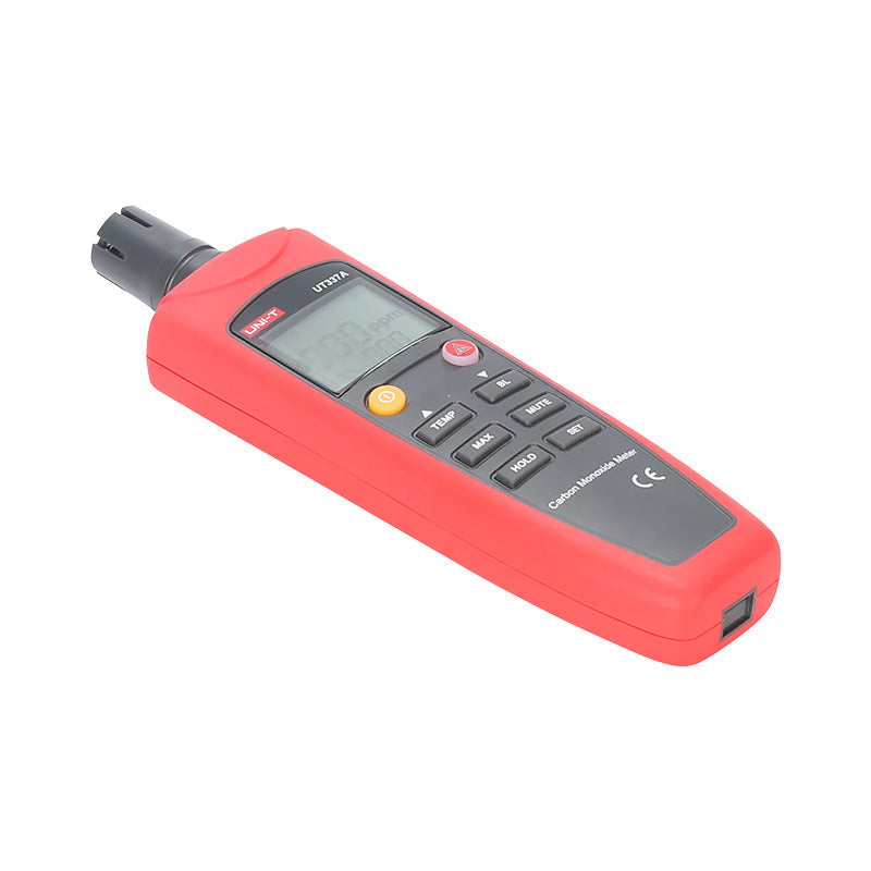 UNI-T UT337A Carbon Monoxide (CO) Meter Gas Detector – 0–1000 PPM, Electrochemical Sensor, Audio-Visual Alarm, Data Hold, Backlit LCD - a red handheld device with a sensor tip, a digital display, and a keypad with buttons labeled TEMP, MAX, and HOLD.