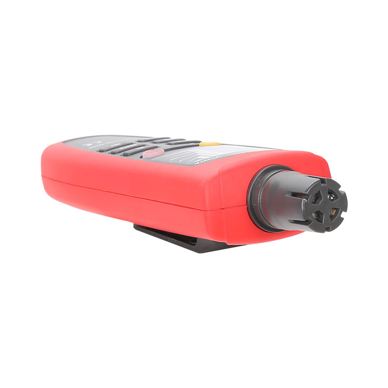UNI-T UT337A Carbon Monoxide (CO) Meter Gas Detector – 0–1000 PPM, Electrochemical Sensor, Audio-Visual Alarm, Data Hold, Backlit LCD - the red handheld device at an angle with its front sensor, side buttons, and a black clip on the back.