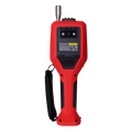UNI-T UT337B Laser Particle Counter – 6-Channel 0.3–10 µm, ISO 21501-4, PM Mass Concentration, Temp / Humidity / Dew Point, 3.5" Colour LCD, Wi-Fi App - shown from the back in red and black, featuring a top-mounted metal probe, a wrist strap, and a rear label.