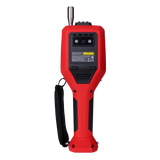 UNI-T UT337B Laser Particle Counter – 6-Channel 0.3–10 µm, ISO 21501-4, PM Mass Concentration, Temp / Humidity / Dew Point, 3.5" Colour LCD, Wi-Fi App - shown from the back in red and black, featuring a top-mounted metal probe, a wrist strap, and a rear label.