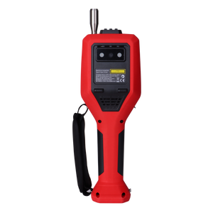 UNI-T UT337B Laser Particle Counter – 6-Channel 0.3–10 µm, ISO 21501-4, PM Mass Concentration, Temp / Humidity / Dew Point, 3.5" Colour LCD, Wi-Fi App - shown from the back in red and black, featuring a top-mounted metal probe, a wrist strap, and a rear label.