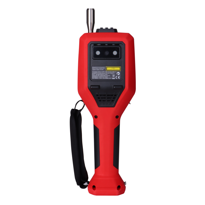 UNI-T UT337B Laser Particle Counter – 6-Channel 0.3–10 µm, ISO 21501-4, PM Mass Concentration, Temp / Humidity / Dew Point, 3.5" Colour LCD, Wi-Fi App - shown from the back in red and black, featuring a top-mounted metal probe, a wrist strap, and a rear label.
