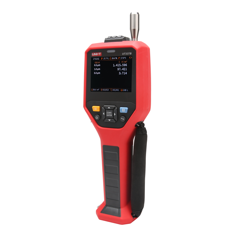 UNI-T UT337B Laser Particle Counter – 6-Channel 0.3–10 µm, ISO 21501-4, PM Mass Concentration, Temp / Humidity / Dew Point, 3.5" Colour LCD, Wi-Fi App - a 3.5" colour LCD displaying particle count data, navigation buttons, and a wrist strap.