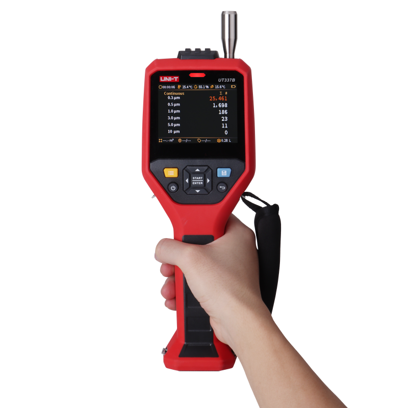 UNI-T UT337B Laser Particle Counter – 6-Channel 0.3–10 µm, ISO 21501-4, PM Mass Concentration, Temp / Humidity / Dew Point, 3.5" Colour LCD, Wi-Fi App - a red handheld device with a 3.5" color screen displaying particle count data and controls.