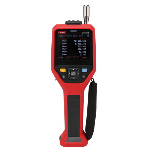 UNI-T UT337B Laser Particle Counter – 6-Channel 0.3–10 µm, ISO 21501-4, PM Mass Concentration, Temp / Humidity / Dew Point, 3.5" Colour LCD, Wi-Fi App - a 3.5-inch color display showing particle count data, navigation buttons, and a strap.