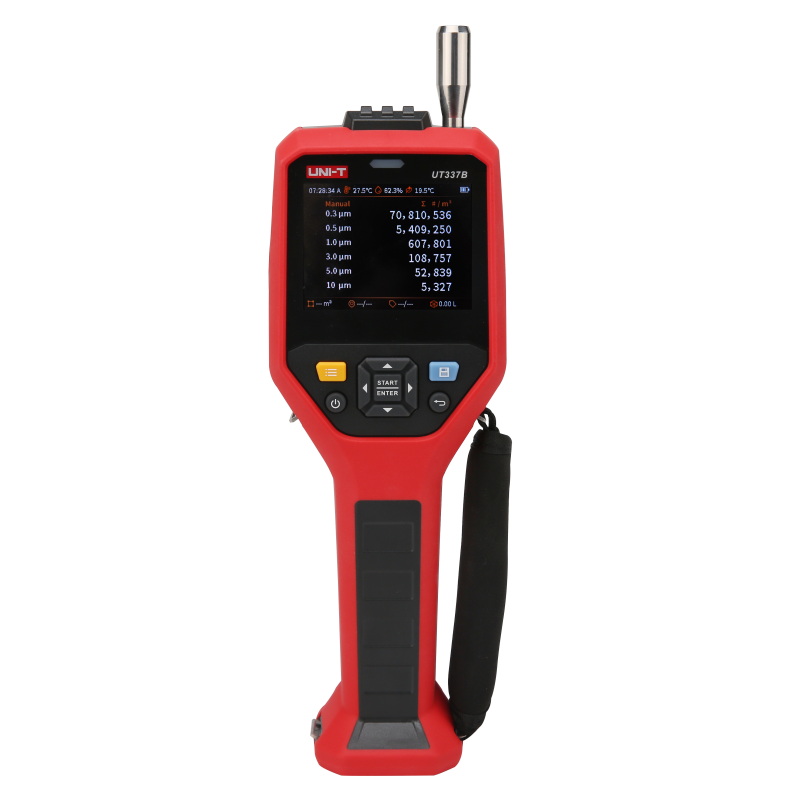 UNI-T UT337B Laser Particle Counter – 6-Channel 0.3–10 µm, ISO 21501-4, PM Mass Concentration, Temp / Humidity / Dew Point, 3.5" Colour LCD, Wi-Fi App - a 3.5-inch color display showing particle count data, navigation buttons, and a strap.