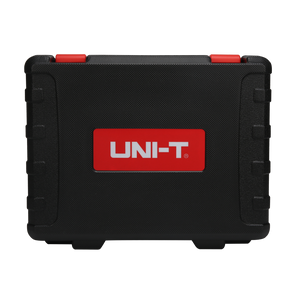 UNI-T UT337B Laser Particle Counter – 6-Channel 0.3–10 µm, ISO 21501-4, PM Mass Concentration, Temp / Humidity / Dew Point, 3.5" Colour LCD, Wi-Fi App - shown as a black, rectangular, textured hard-shell carrying case with a red UNI-T logo and two red locking latches.