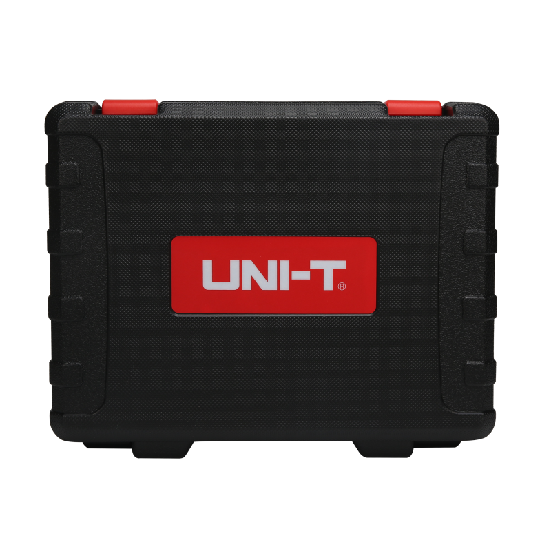 UNI-T UT337B Laser Particle Counter – 6-Channel 0.3–10 µm, ISO 21501-4, PM Mass Concentration, Temp / Humidity / Dew Point, 3.5" Colour LCD, Wi-Fi App - shown as a black, rectangular, textured hard-shell carrying case with a red UNI-T logo and two red locking latches.