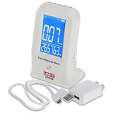 UNI-T UT338A Formaldehyde Meter – Indoor Air Quality Detector with Temperature & Humidity, 0–3 mg/m³, Alarm - a white device with a blue digital display showing 0.07, 26.5°C, and 63%, with a white USB cable and power adapter.
