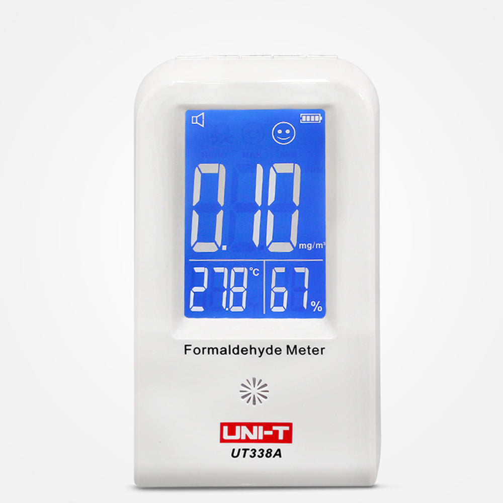 UNI-T UT338A Formaldehyde Meter – Indoor Air Quality Detector with Temperature & Humidity, 0–3 mg/m³, Alarm - a white handheld device with a blue digital display showing 0.10 mg/m³, 27.8°C, and 67% humidity.