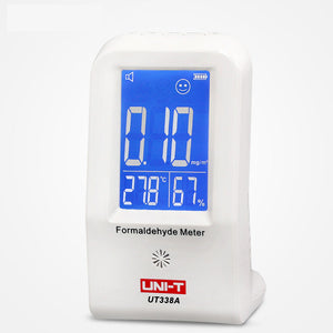 UNI-T UT338A Formaldehyde Meter – Indoor Air Quality Detector with Temperature & Humidity, 0–3 mg/m³, Alarm - a white desktop device with a blue digital display showing 0.10 mg/m³, 27.8°C, and 67% humidity.