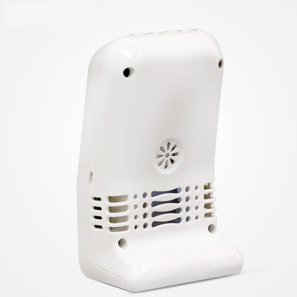 UNI-T UT338A Formaldehyde Meter – Indoor Air Quality Detector with Temperature & Humidity, 0–3 mg/m³, Alarm - a white, upright air quality detector showing the rear panel with ventilation slots and a circular speaker grille.
