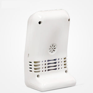UNI-T UT338A Formaldehyde Meter – Indoor Air Quality Detector with Temperature & Humidity, 0–3 mg/m³, Alarm - a white, upright air quality detector showing the rear panel with ventilation slots and a circular speaker grille.