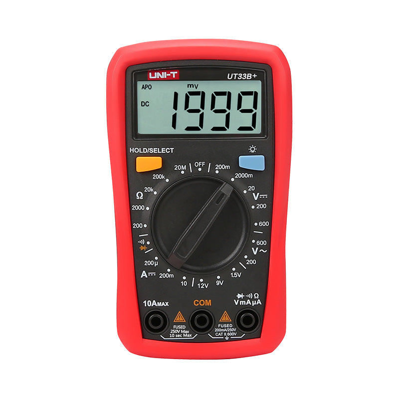 UNI-T UT33B+ Palm Size Digital Multimeter – 2000 Count, AC/DC Voltage & Current, Battery Test, Resistance, Diode & Continuity, CAT II 600V, 2m Drop-Proof - a red handheld device with a central rotary dial, various input ports, and a digital display reading 1999.