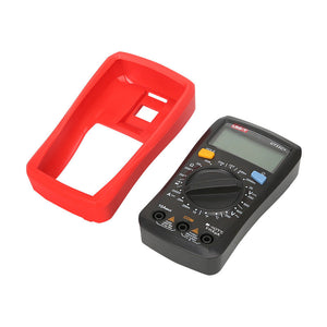 UNI-T UT33C+ Palm Size Digital Multimeter – 2000 Count, AC/DC Voltage & Current, Temperature (-40°C~1000°C), Resistance, Diode, CAT II 600V, K-Thermocouple - shown with its black body, rotary dial, ports, and display alongside a detached red protective rubber holster.