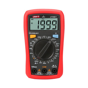 UNI-T UT33D+ Palm Size Digital Multimeter – 2000 Count, AC/DC Voltage & Current, NCV Non-Contact Detection, Resistance, Diode, CAT II 600V, 2m Drop-Proof - with a red protective case, featuring a central rotary dial, two buttons, a screen displaying 1999, and three input ports.