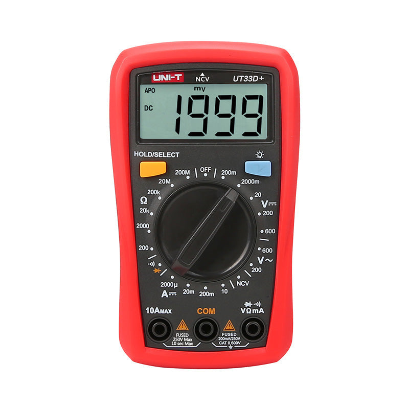 UNI-T UT33D+ Palm Size Digital Multimeter – 2000 Count, AC/DC Voltage & Current, NCV Non-Contact Detection, Resistance, Diode, CAT II 600V, 2m Drop-Proof - with a red protective case, featuring a central rotary dial, two buttons, a screen displaying 1999, and three input ports.