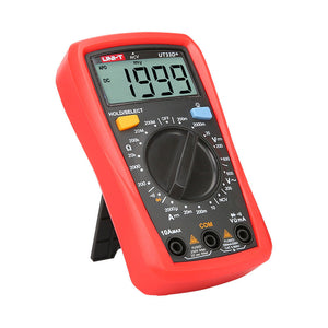 UNI-T UT33D+ Palm Size Digital Multimeter – 2000 Count, AC/DC Voltage & Current, NCV Non-Contact Detection, Resistance, Diode, CAT II 600V, 2m Drop-Proof - with a red casing, a rotary dial, a display showing 1999, function buttons, and three input ports at the bottom.