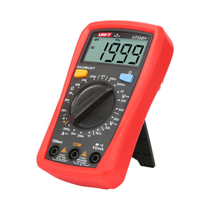 UNI-T UT33D+ Palm Size Digital Multimeter – 2000 Count, AC/DC Voltage & Current, NCV Non-Contact Detection, Resistance, Diode, CAT II 600V, 2m Drop-Proof - in a red protective case with a screen showing 1999, a central rotary dial, control buttons, and three input ports.