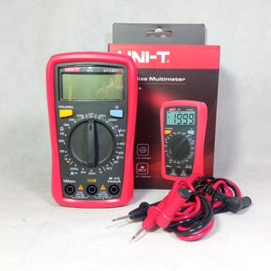 UNI-T UT33D+ Plus Digital Multimeter - shown with its red housing, rotary dial, ports, test leads, and original product box.