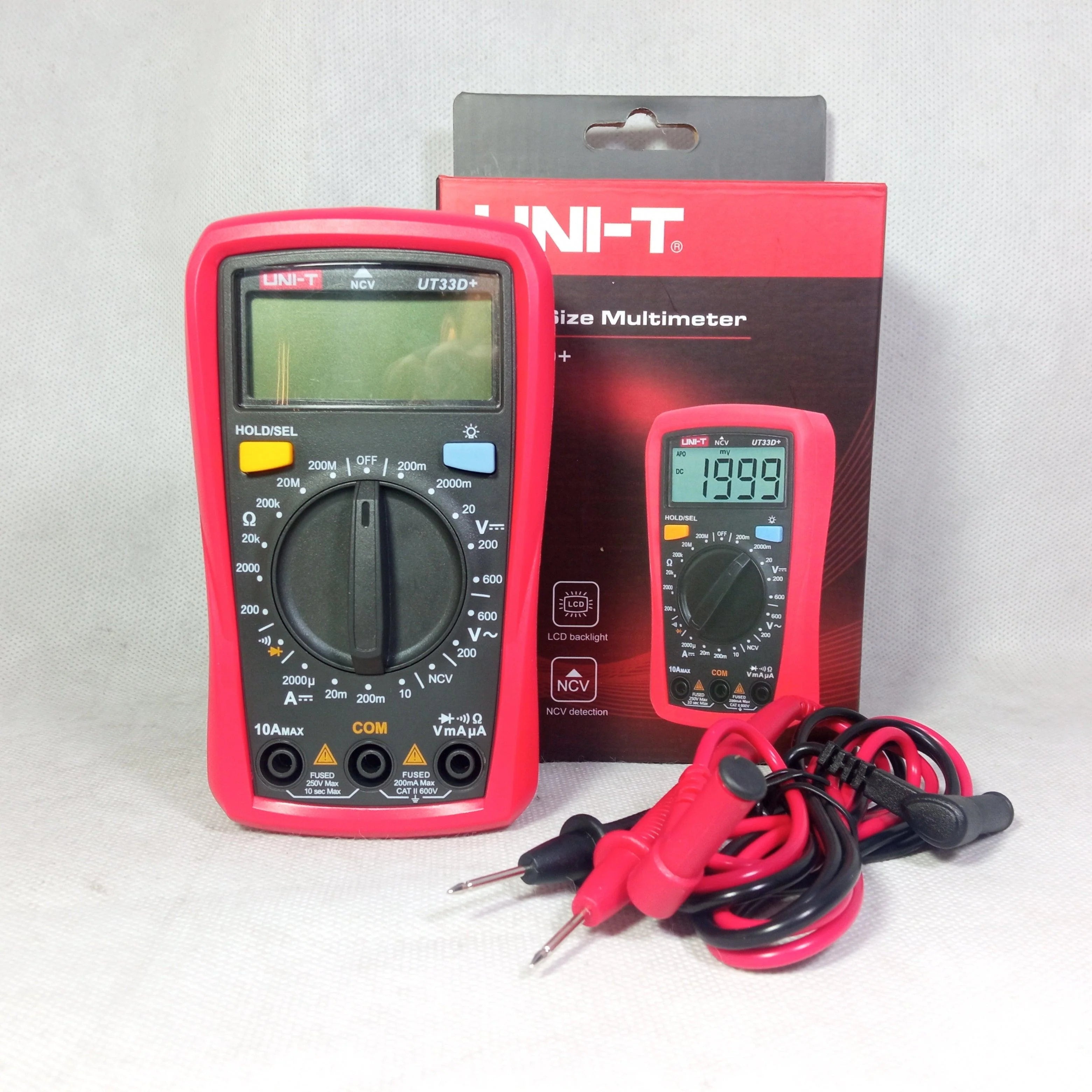 UNI-T UT33D+ Plus Digital Multimeter - shown with its red housing, rotary dial, ports, test leads, and original product box.