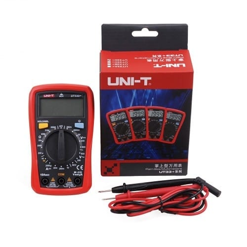 UNI-T UT33D+ Plus Digital Multimeter - with its red box, test leads, and a blank digital display screen on the device.
